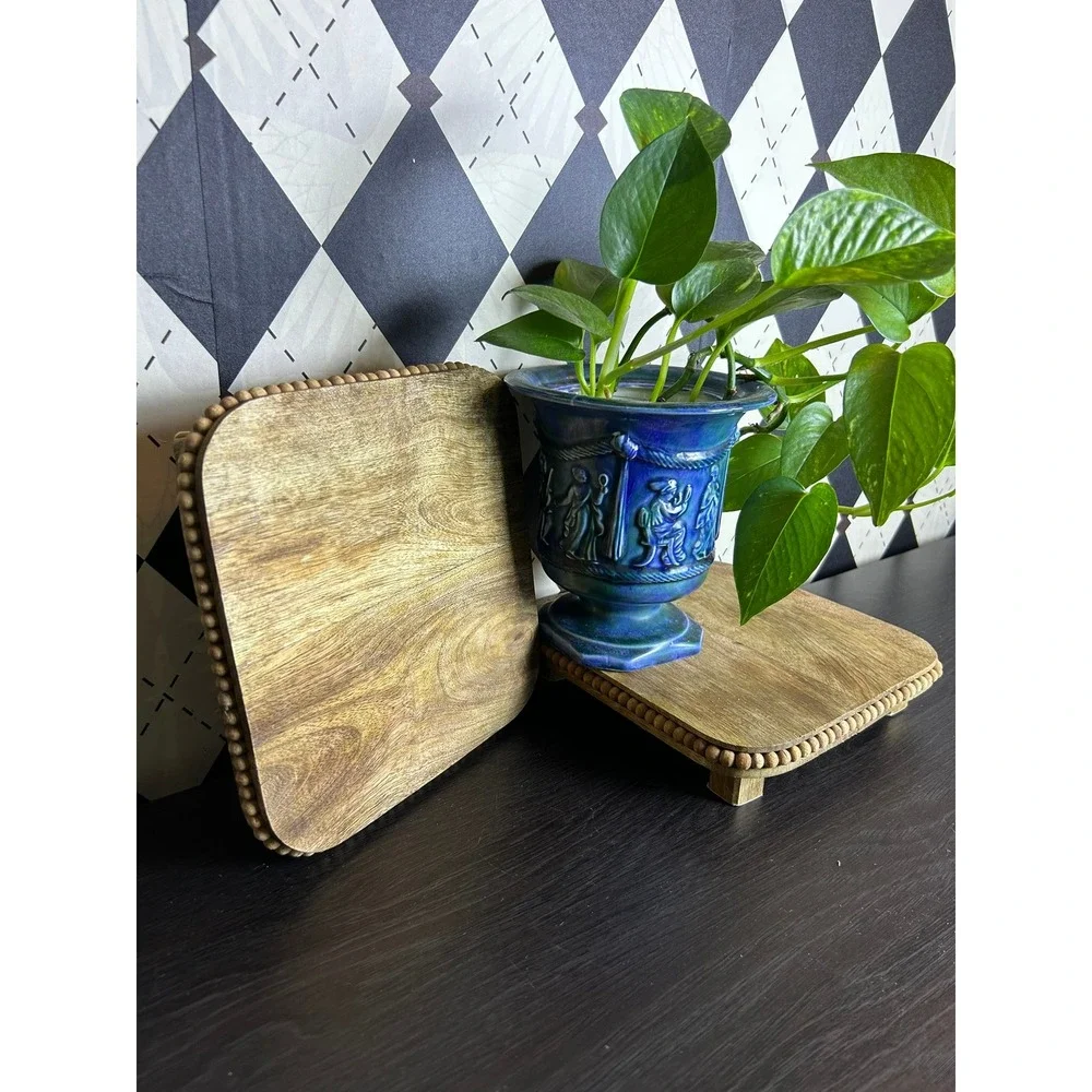 Pair Mango Wood Pedestal Risers with Beaded Edge Decorative Trivets